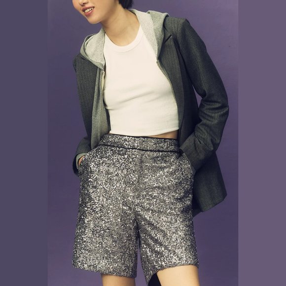 NEW Maeve Size L, Women's Sequin Longline Shorts - Silver - Picture 7 of 8